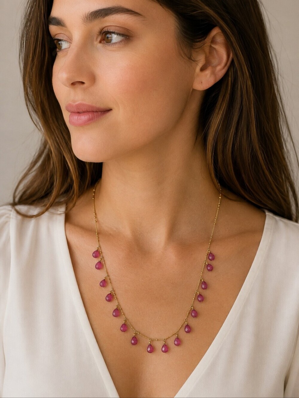 Vintage Goldtone and Pink Stone Teardrop Festival Chain Necklace